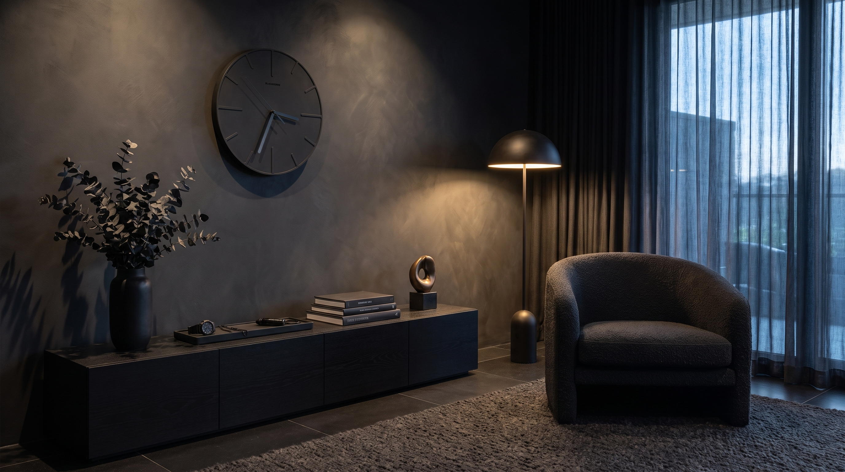 An elegant all-black living room at dusk — a concrete wall clock as focal art above an oak console with dark foliage and books, a bouclé chair and a floor lamp by a curtained window — BLACKVERSE