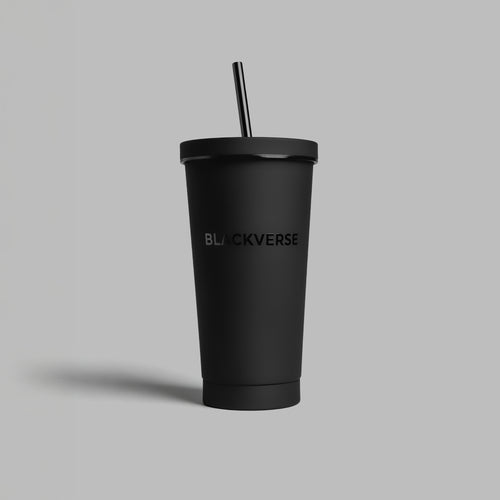 Matte-black insulated tumbler with a lid and straw — BLACKVERSE