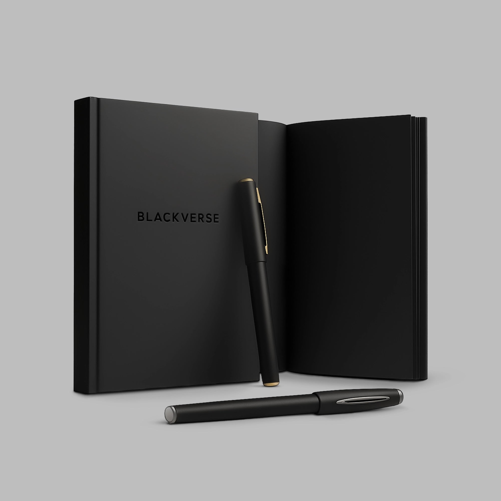 black pages notebook set with open journal and pen – Blackverse