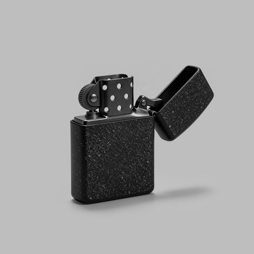 Matte-black flip lighter with a speckled stardust finish, lid open — BLACKVERSE