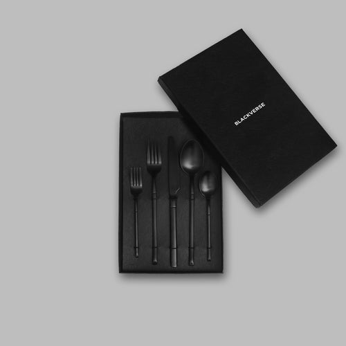 Black cutlery set with forks, spoons, and knife in a black gift box — BLACKVERSE