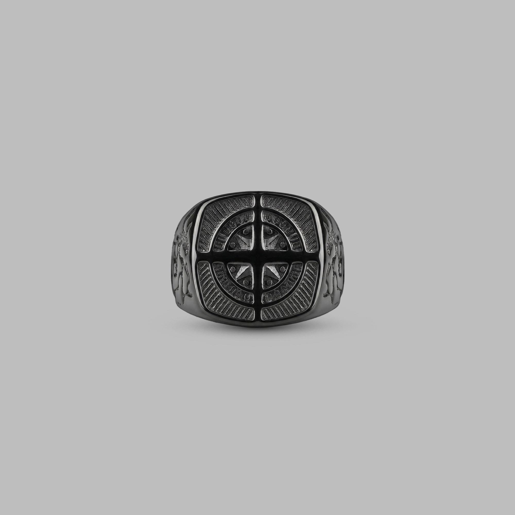 Black compass-star signet ring, close view — BLACKVERSE